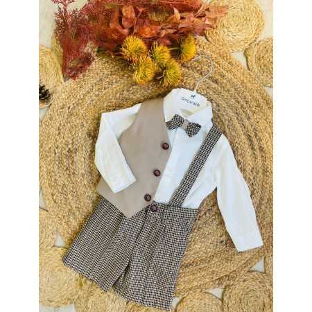 Set neonato elegante 4 pezzi | Bermuda pied de poule, camicia e gilet | Nuvolé Baby