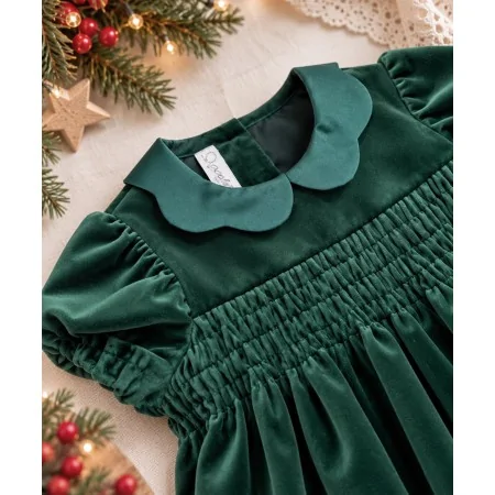 Abito Bambina Velluto Verde con Smock | Nuvolè