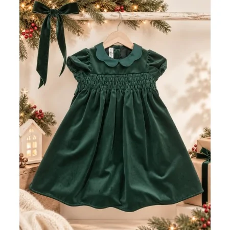 Abito Bambina Velluto Verde con Smock | Nuvolè