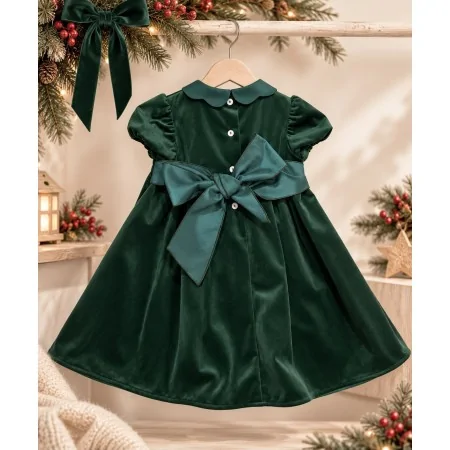 Abito Bambina Velluto Verde con Smock | Nuvolè